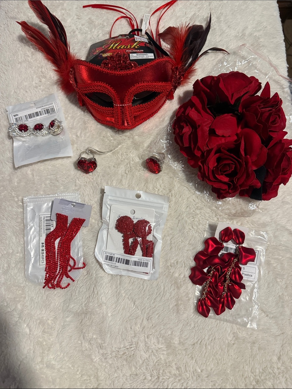 Red Feathered Masquerade Mask & Floral Hair Accessory Set - Unbranded